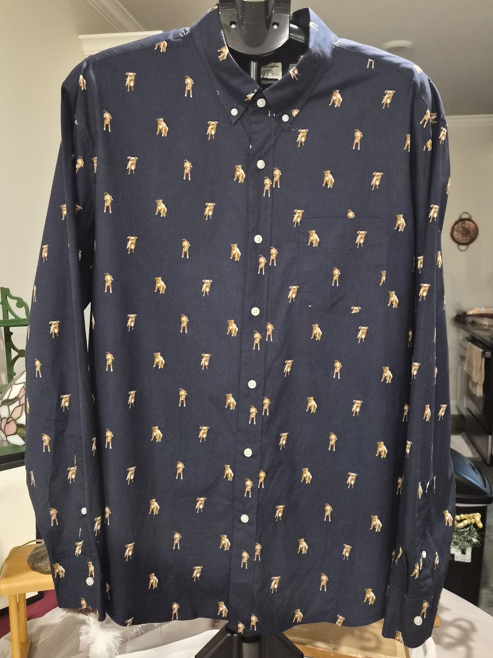 J.Crew Men's XL Secret Wash Classic Fit Navy Blue Novelty Dog Print Stretch